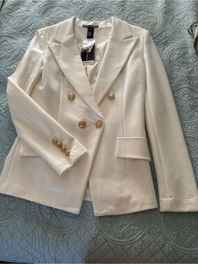 Attitude unknown Cream Double-Breasted Blazer with Gold Buttons